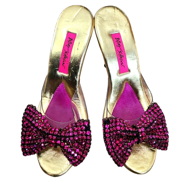 Vintage BETSEY JOHNSON pink rhinestone bow polly mules, size 7 - Picture 1 of 9